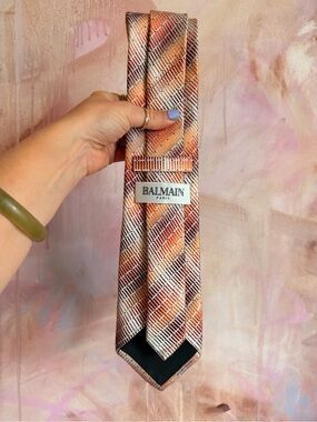 Balmain Orange and Brown Diagonal Pattern Silk Tie